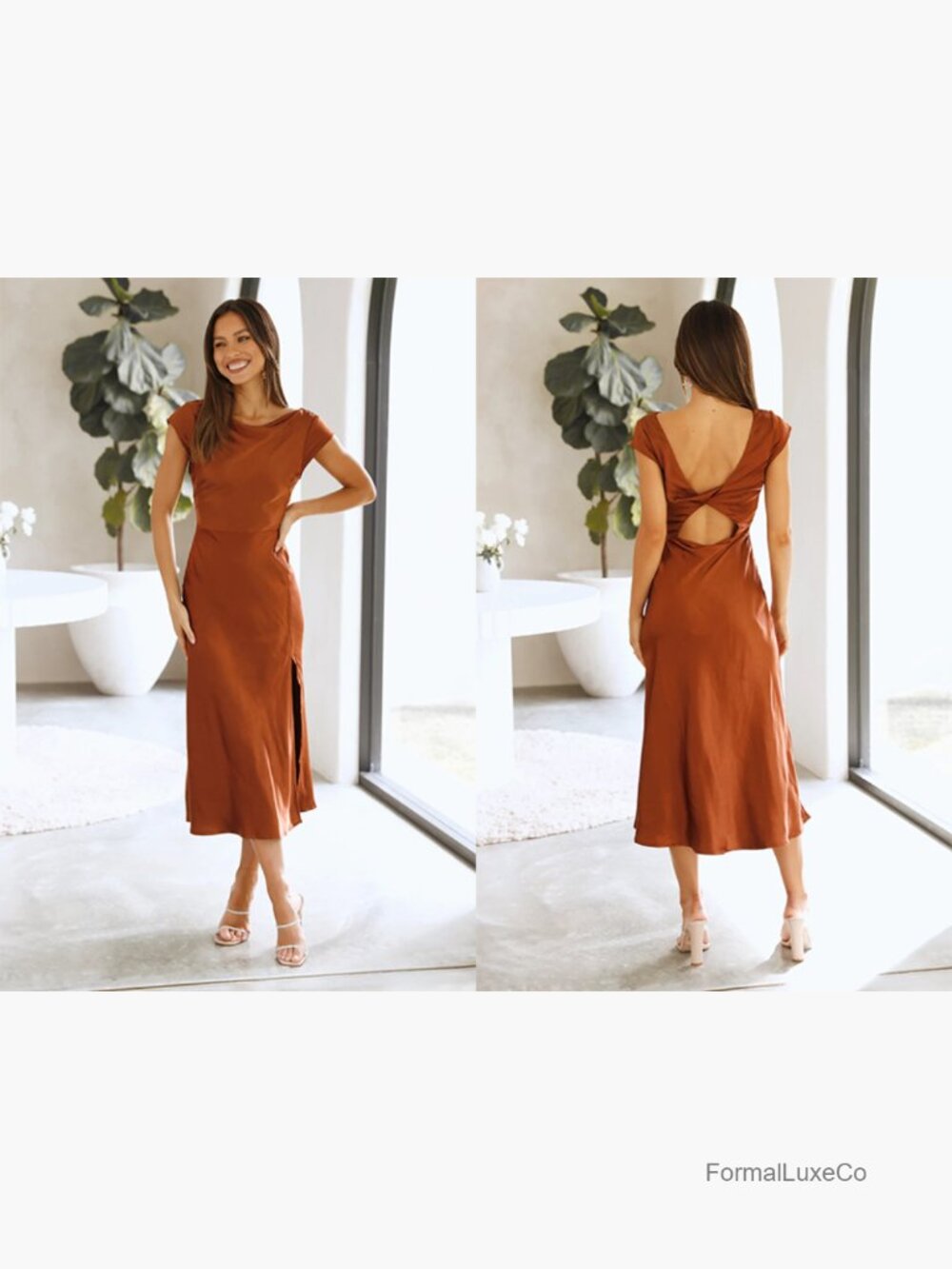 Satin Backless Cap Sleeve Midi Dress Cowl Neck Slit Cocktail - Picture 6 of 7